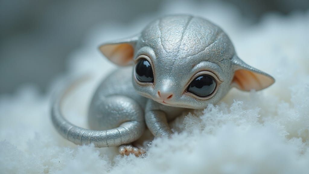 Silver Zoomorphic Creature on Cloud, Hyper-Detailed Fine Art