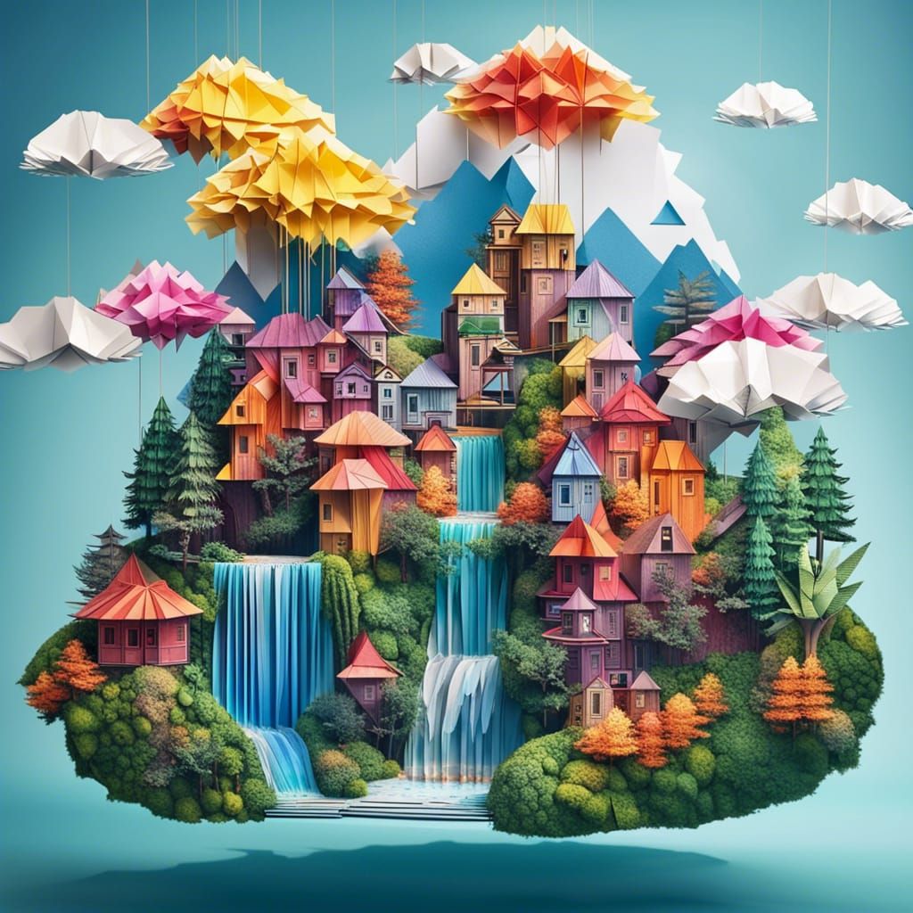 Origami Fantasy City on Floating Island