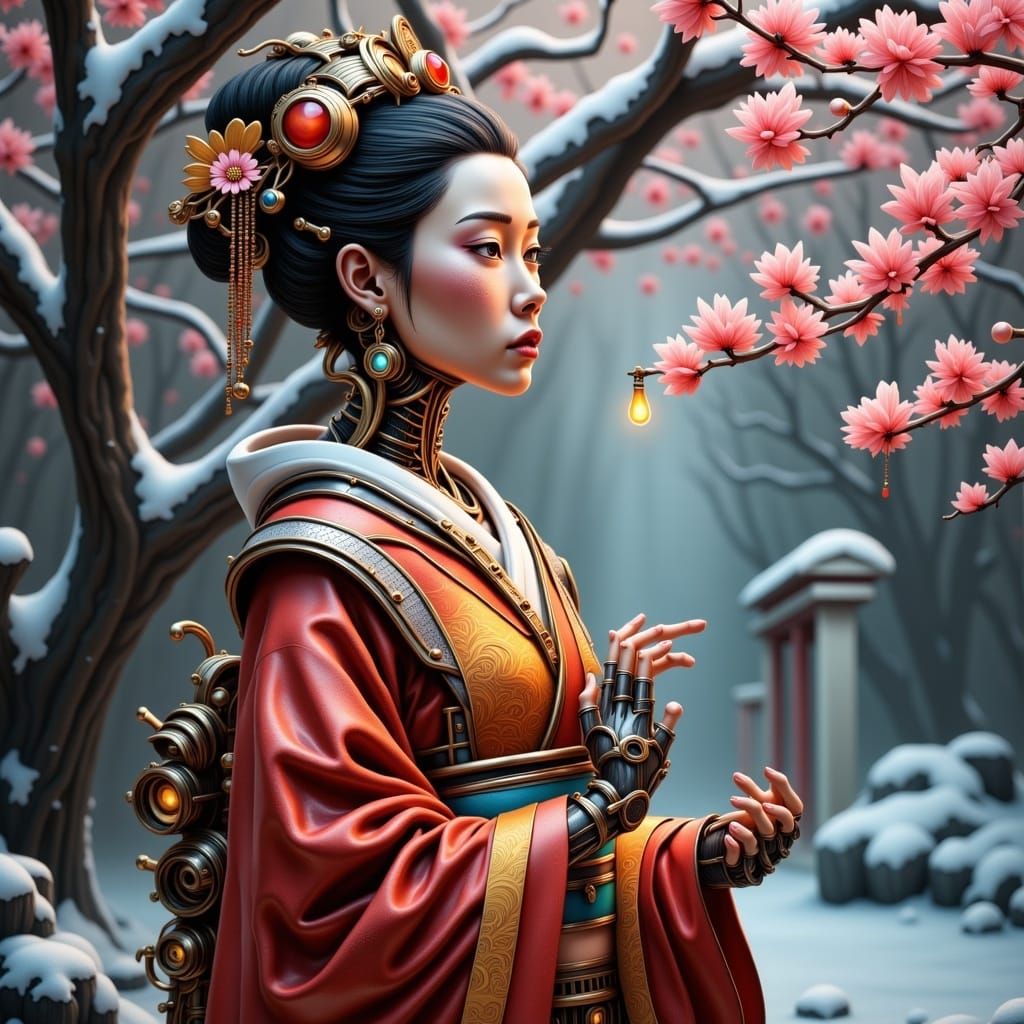 Steampunk Robot Princess in Vibrant Kimono Amidst Cyberpunk....