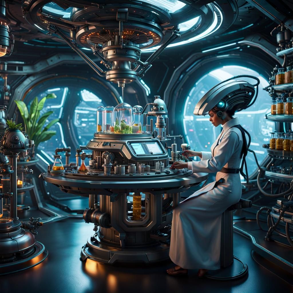 Alien Scientist's Botanical Lab in Space: Sci-Fi Art