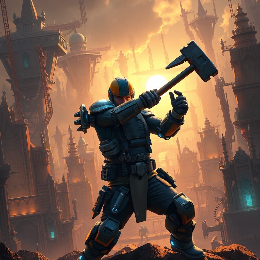 Rugged Exoskeleton Construction Worker in Dystopian Cityscap...