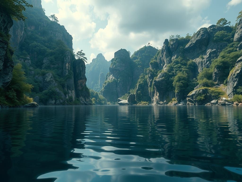 Dreamlike Waterscape with Lush Foliage in Hyperrealism