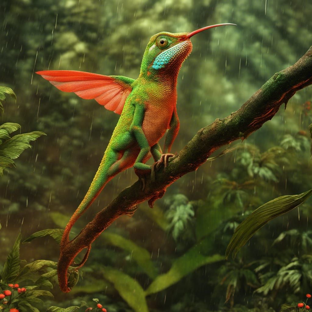 Hummingbird-Chameleon Hybrid in a Tropical Rainforest