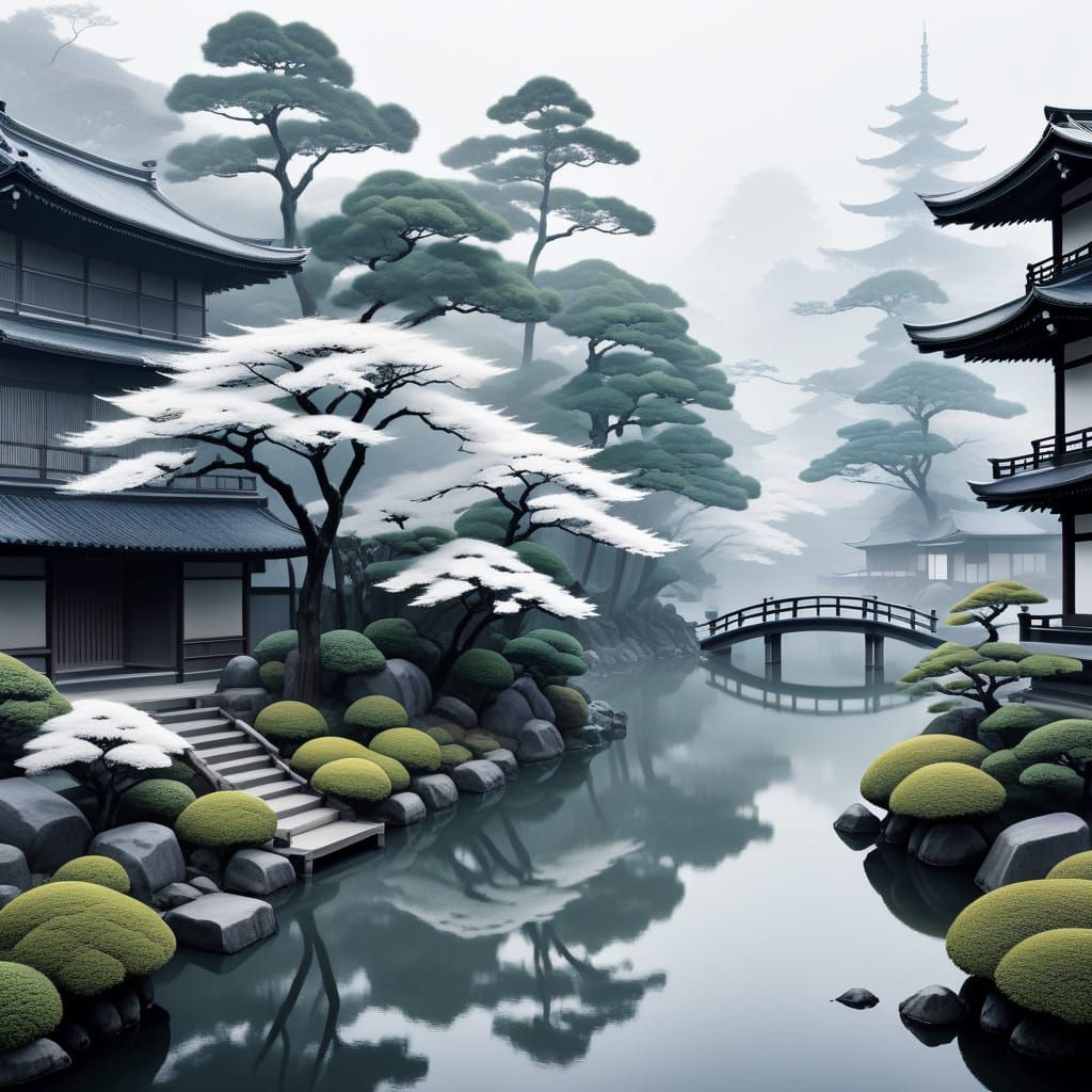 Misty Japanese Garden in Hiroshige Ukiyo-e Style