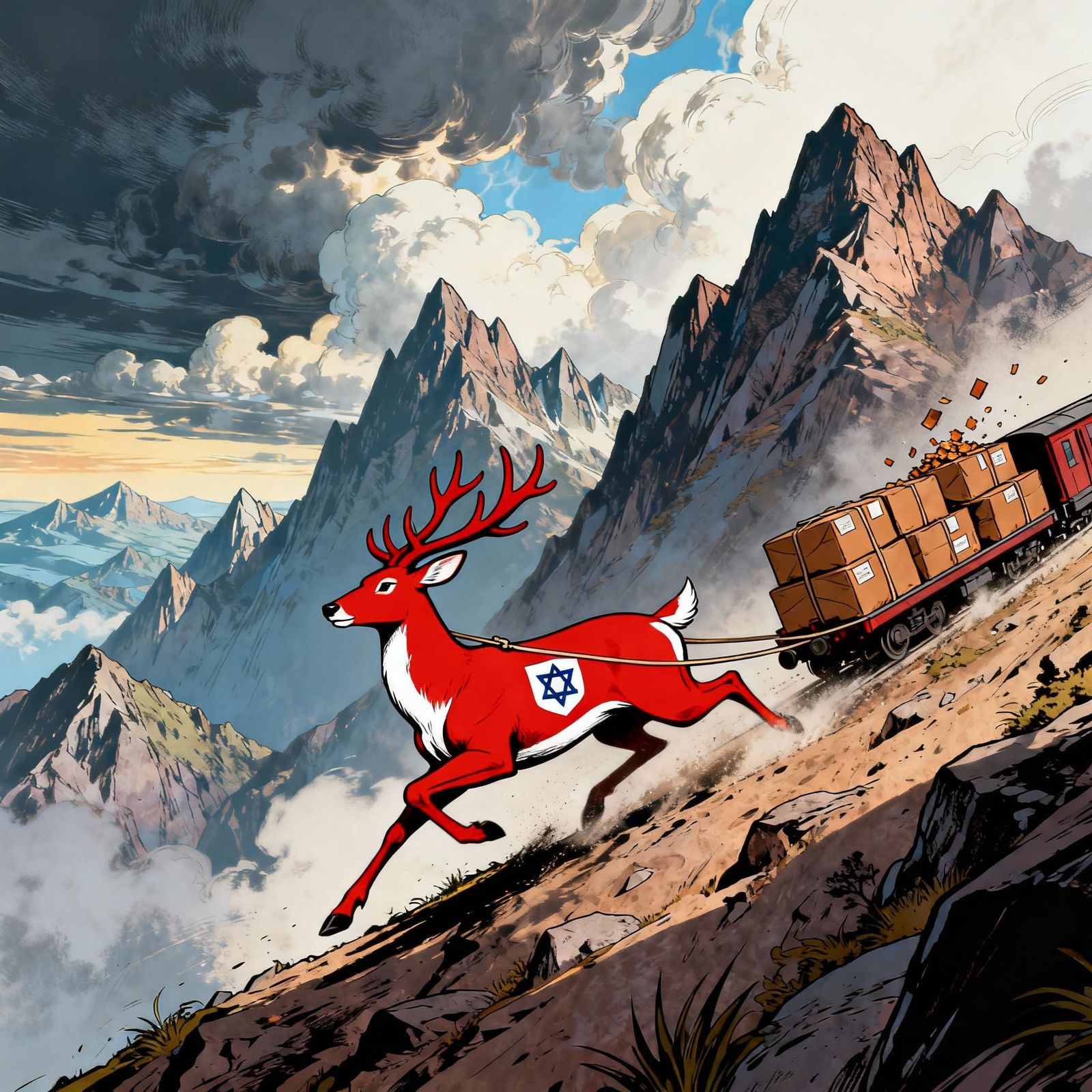 Red and White Deer Drags Packages Down Mountain in Comic Sty...