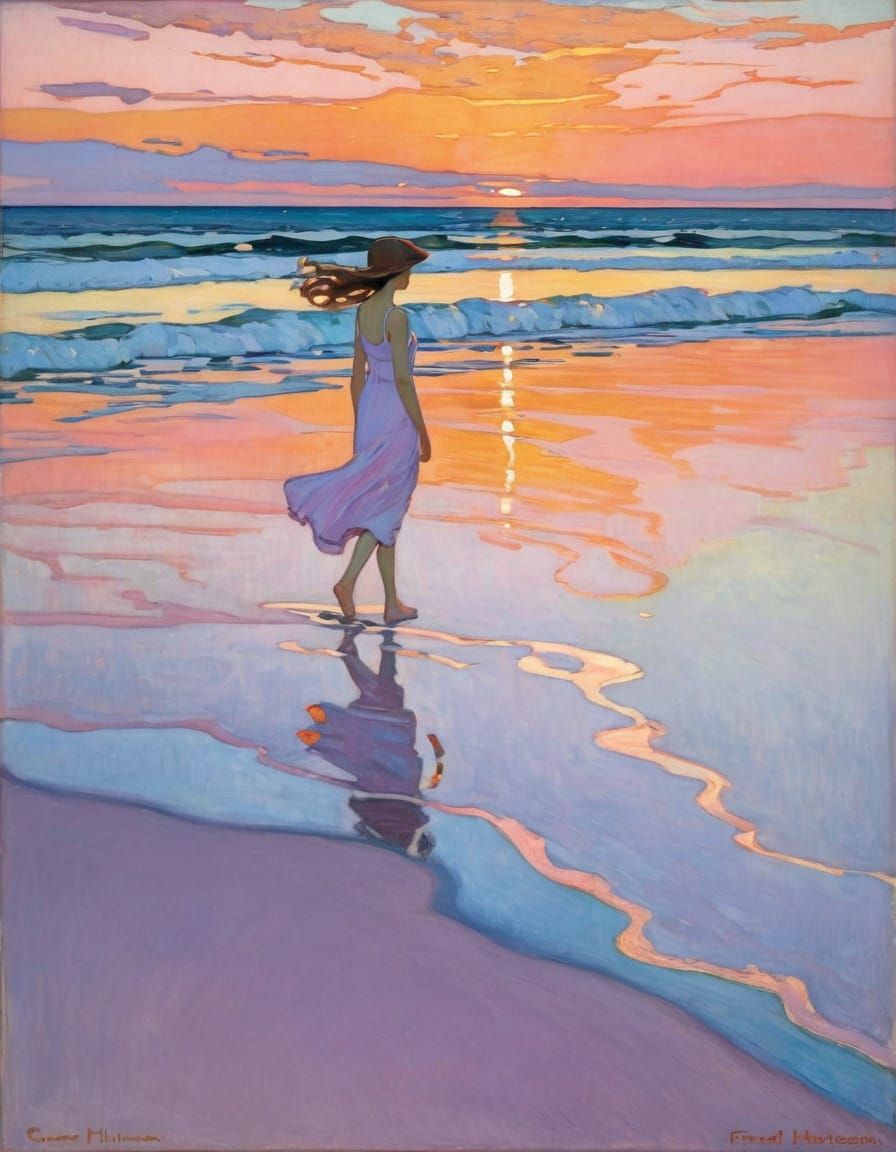 Romantic Pink Sunset on a Serene Beach in Impressionist Styl...