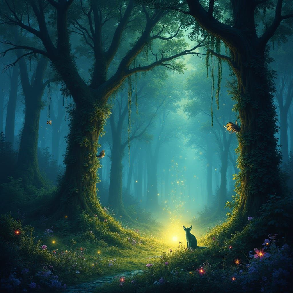 Ethereal Twilight Forest in Whimsical, Bioluminescent Splend...