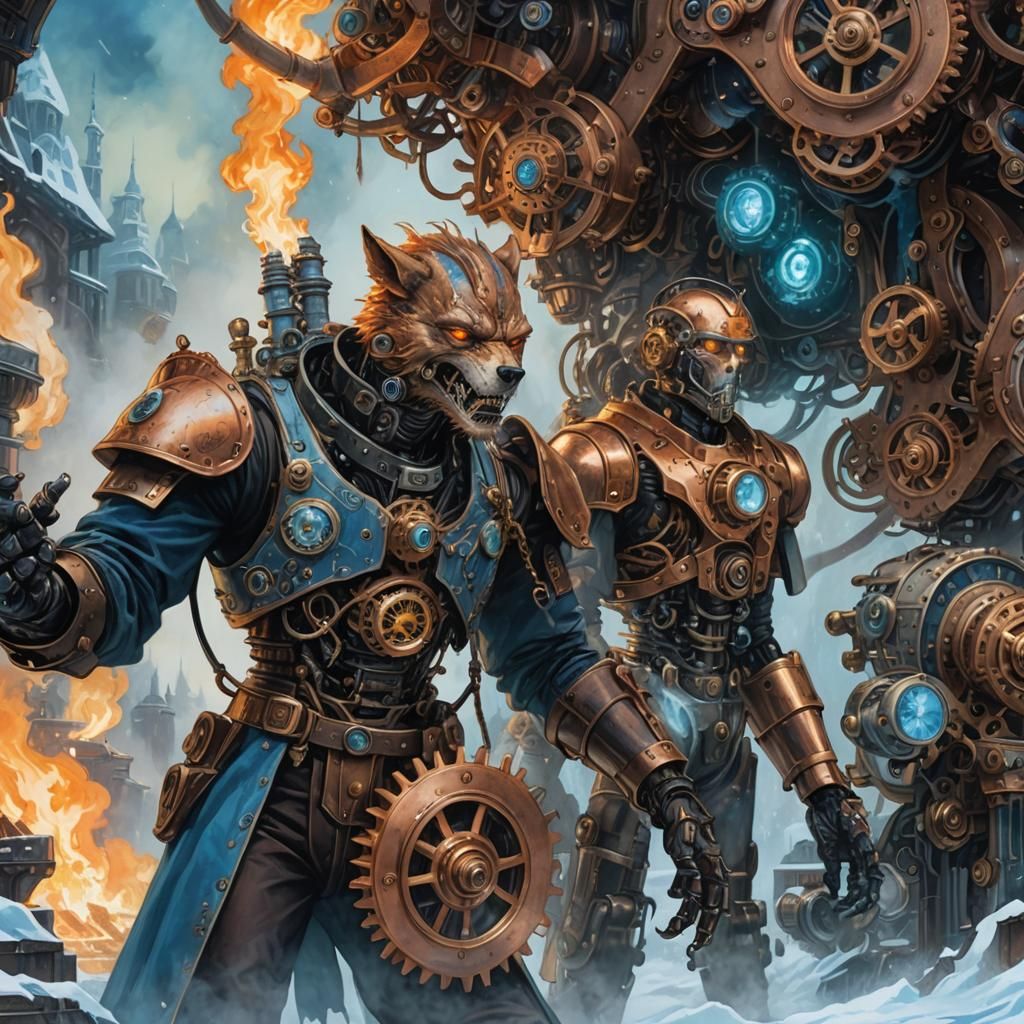 Steampunk Werewolf with Robotic Engineers in Fantasy Art
