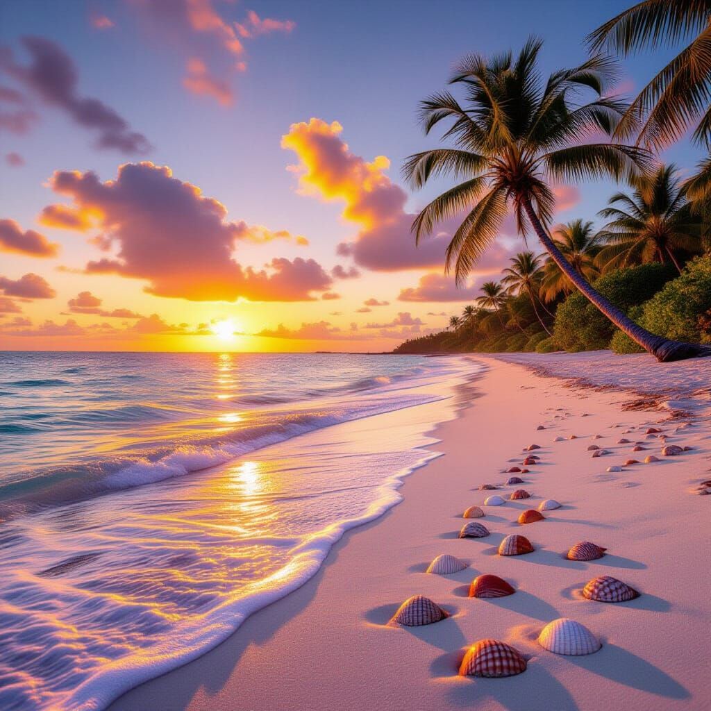 Serene Tropical Beach Sunset with Palm Trees and Seashells