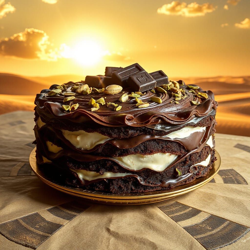 Gigantic Chocolate Cake in Dubai Desert, Hyperrealistic