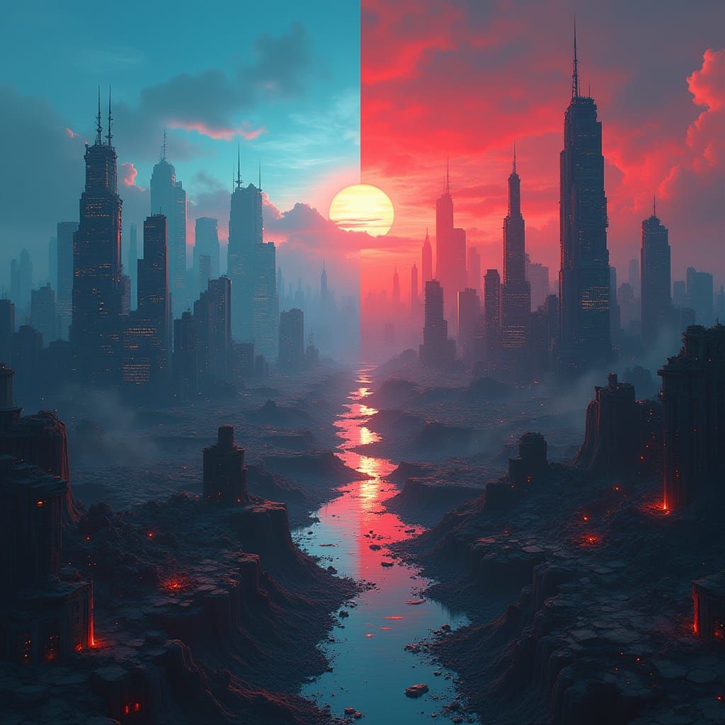 Futuristic Cityscape: Juxtaposition in Digital Art Style