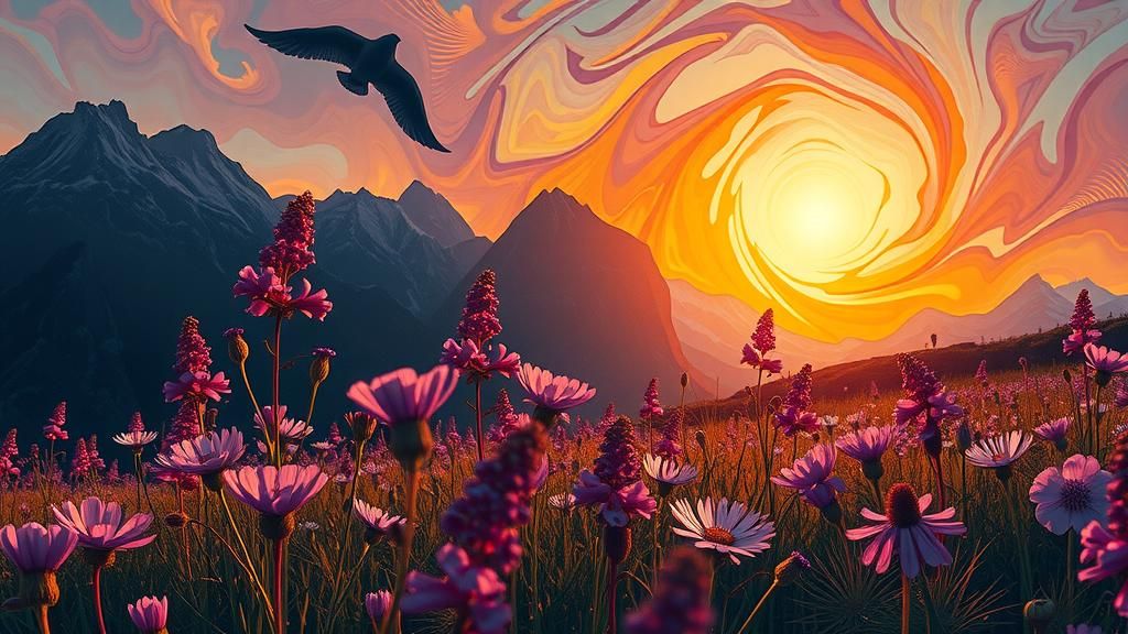 Surreal Mountain Meadow at Golden Hour