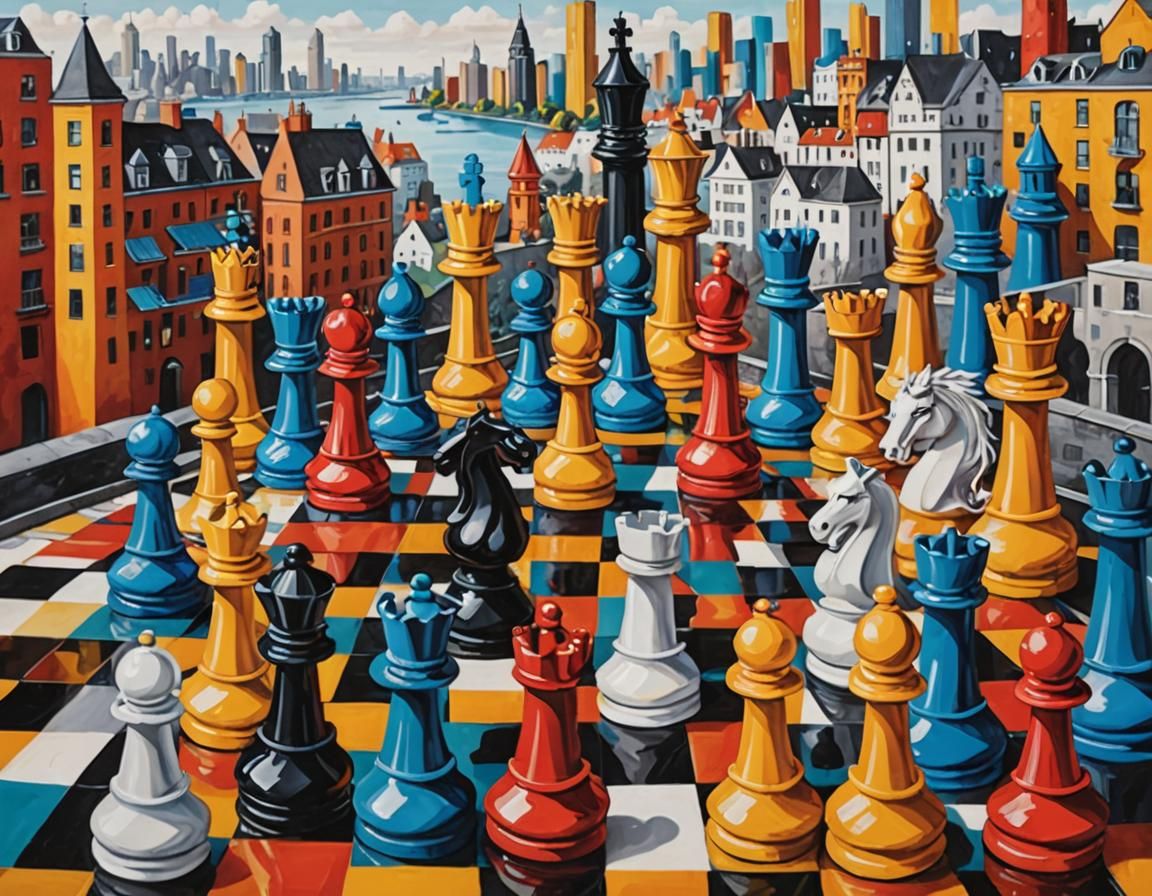 Chess Piece Cityscape on Colorful River