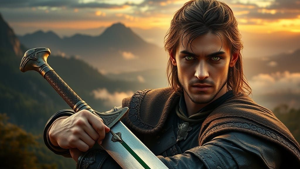 Ethereal Aragorn in Worn Leather Armor, Wielding Anduril wit...