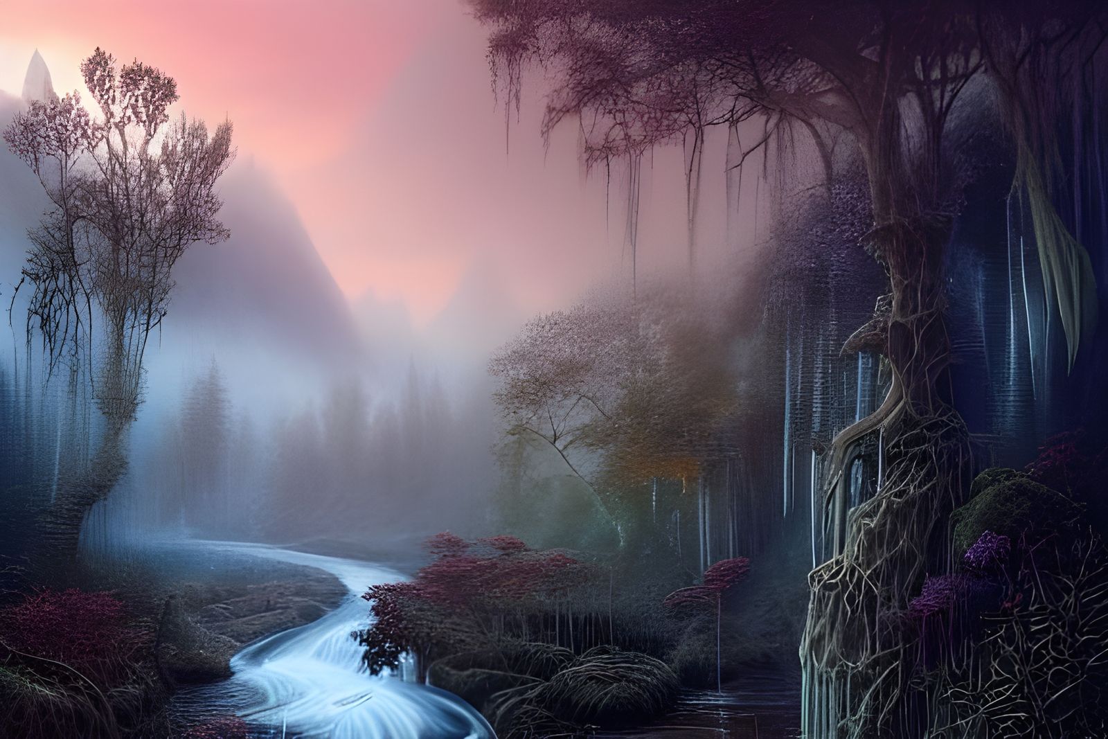 Alien Crystal River in Fantasy Forest at Sunset