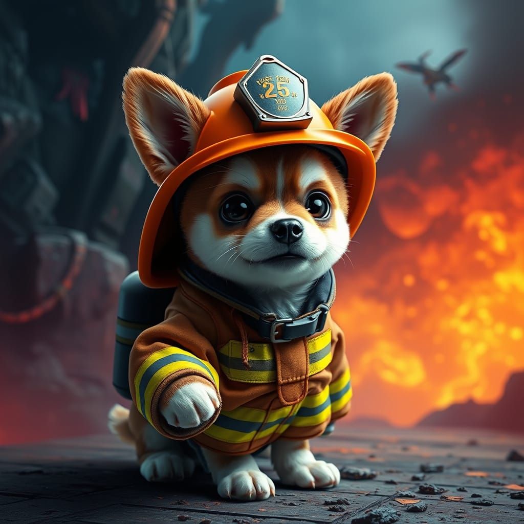 Small Dog Heroically Dressed as Firefighter in Vibrant Fanta...