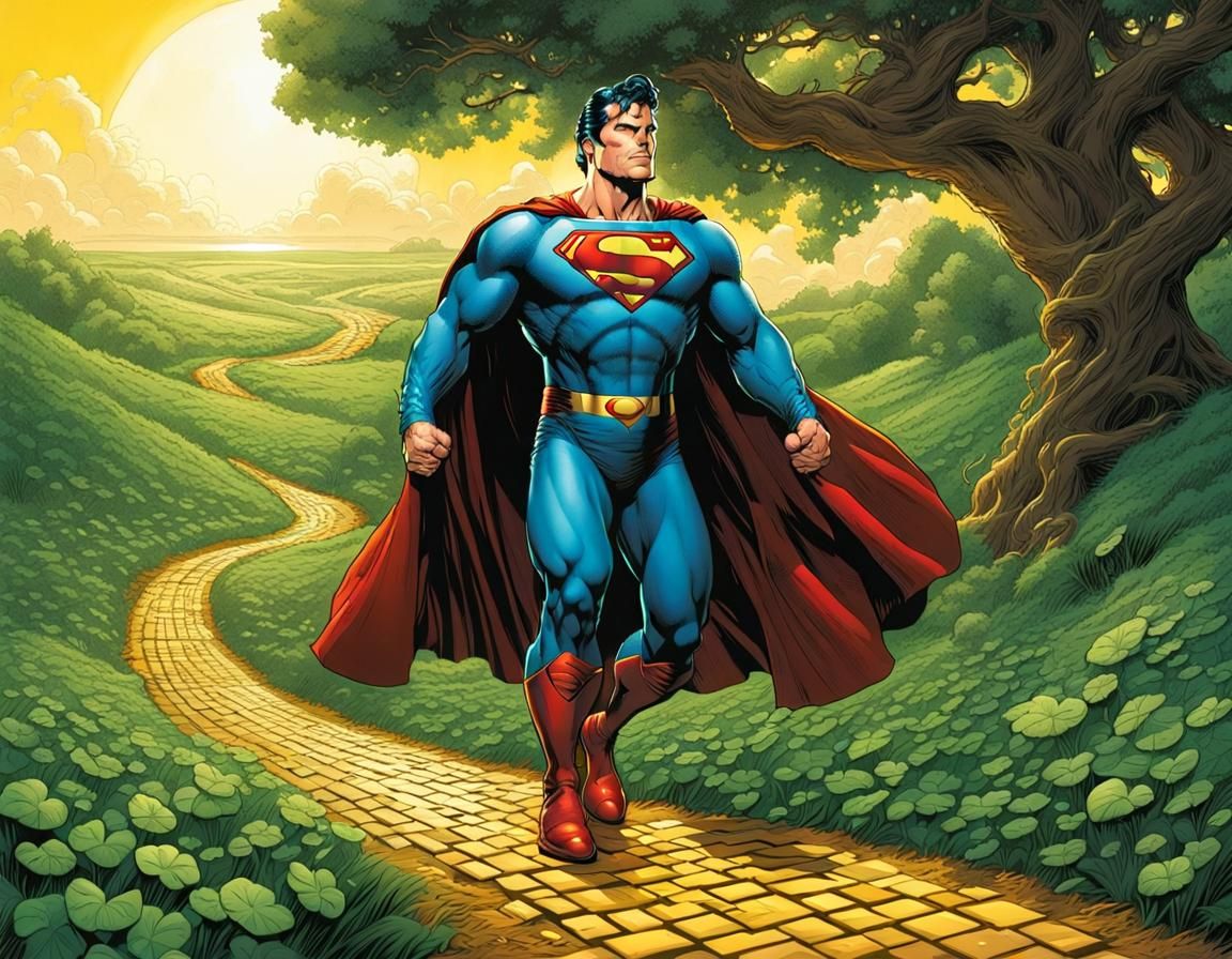 Superman as a Leprechaun walking on the Yellow Brick Road Mark Brooks and Dan Mumford, comic book art, perfect, smooth