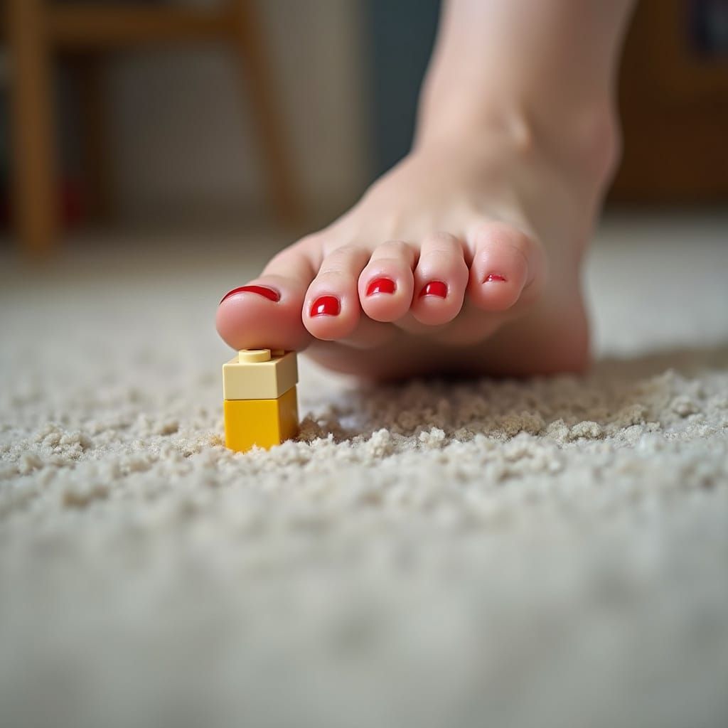 Macro View of Foot Stepping on Lego Brick
