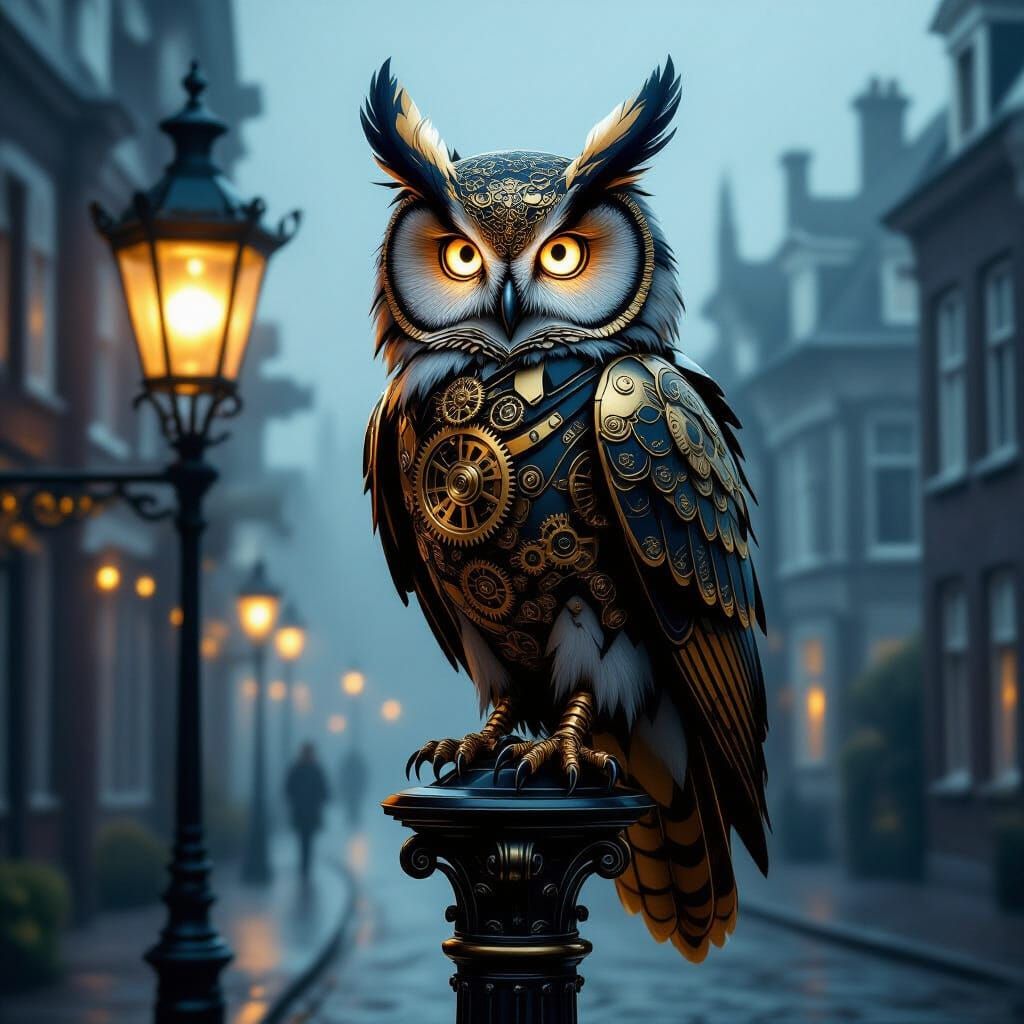 Automaton Owl on Victorian Lamppost in Chiaroscuro Style