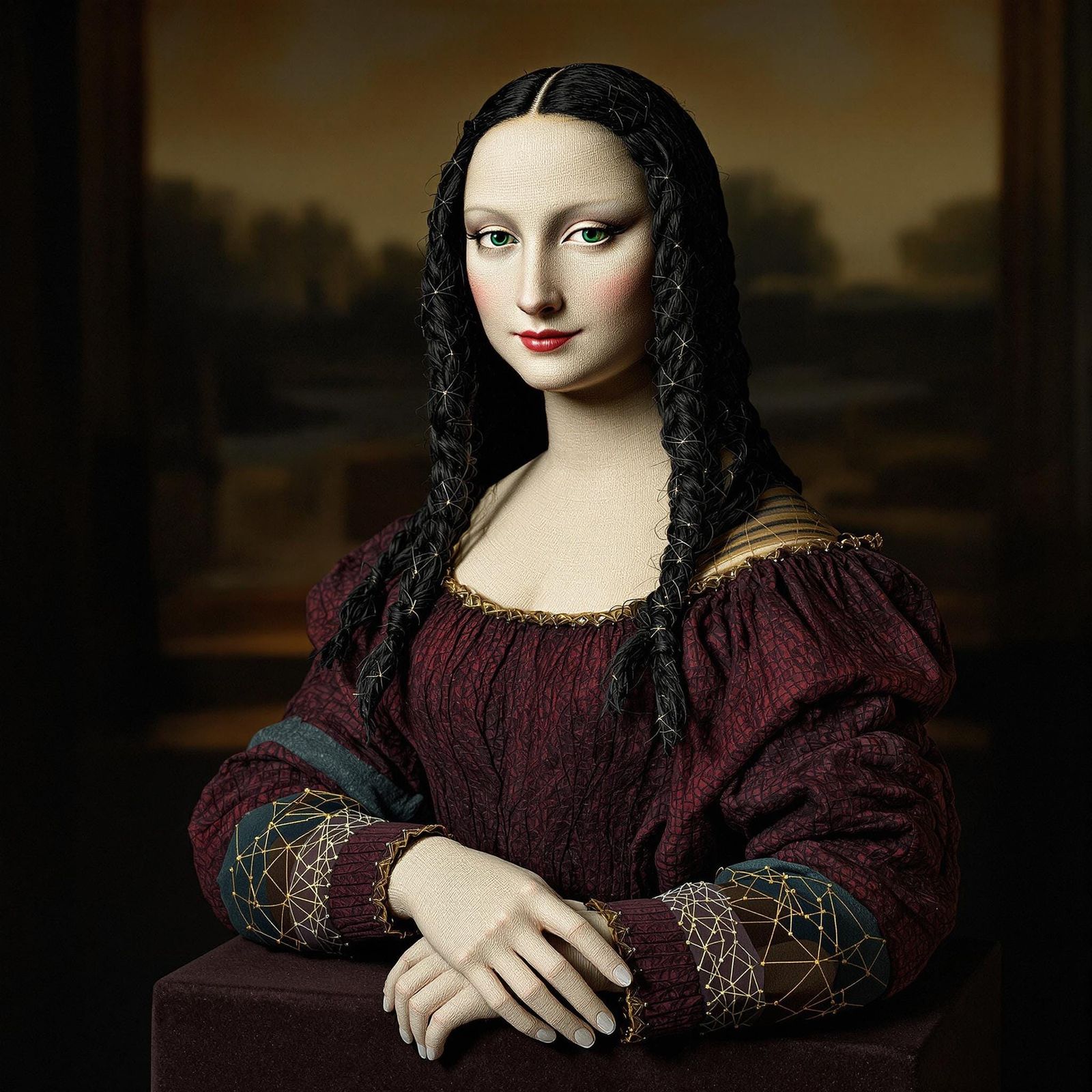 Yarn Mona Lisa Sculpture in Victorian Style