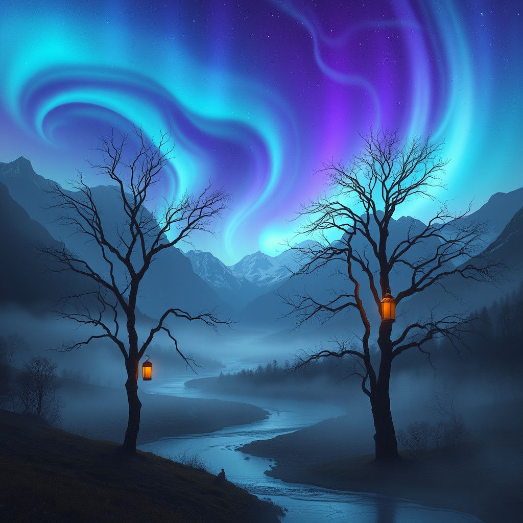 Mystical Lantern Trees in Aurora Landscape