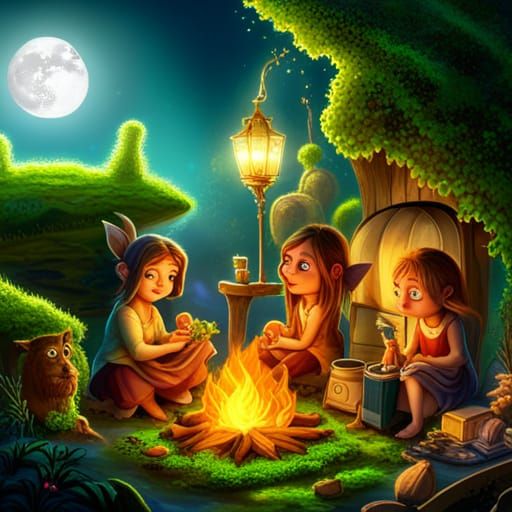 Enchanting Fairies Around Campfire in Magical Forest