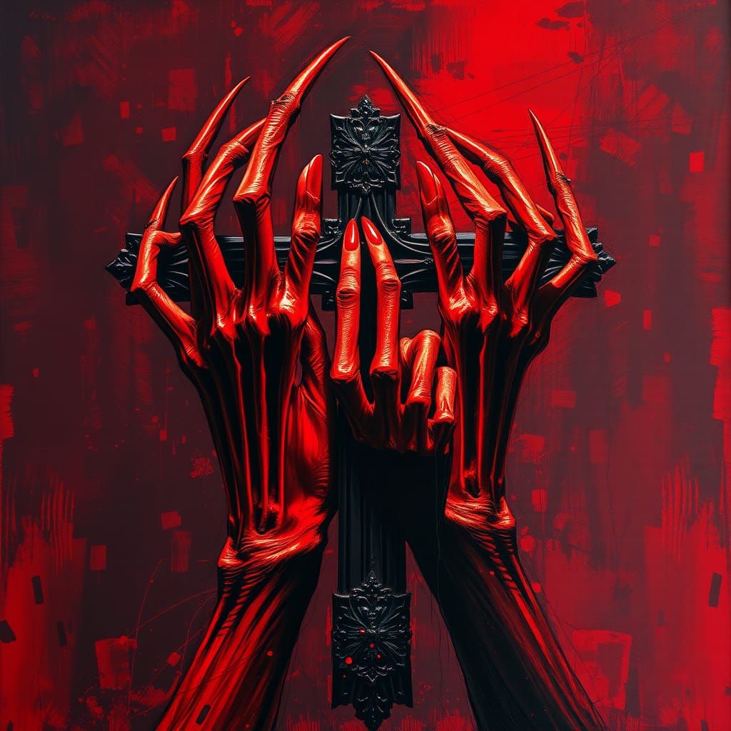 Distorted Crimson Hands Grasping a Crucifix
