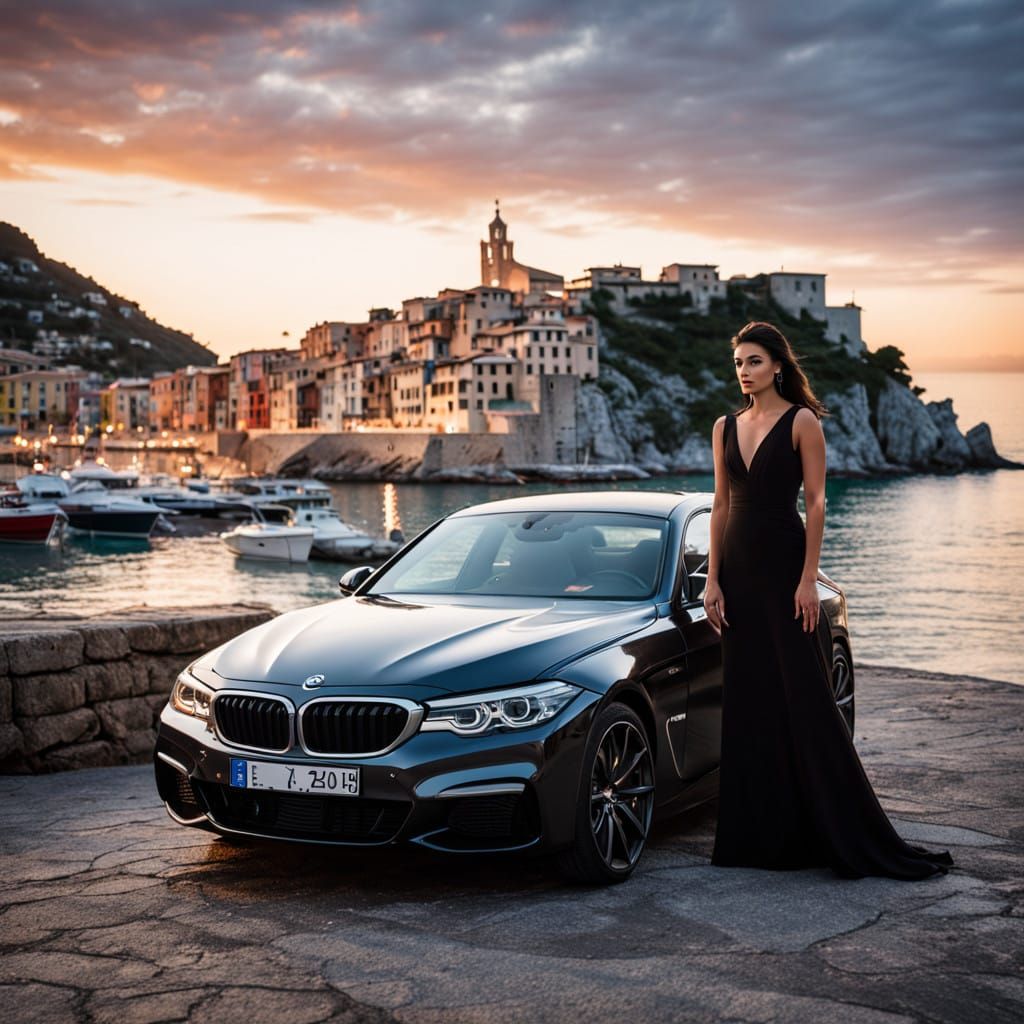 Elegant Woman Stands Beside Luxurious Car at Sunset