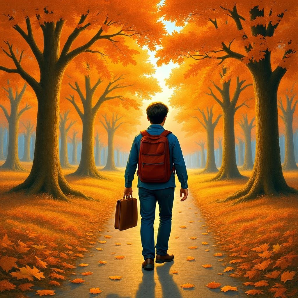 Peaceful Autumn Forest Wanderer in Bob Ross Style