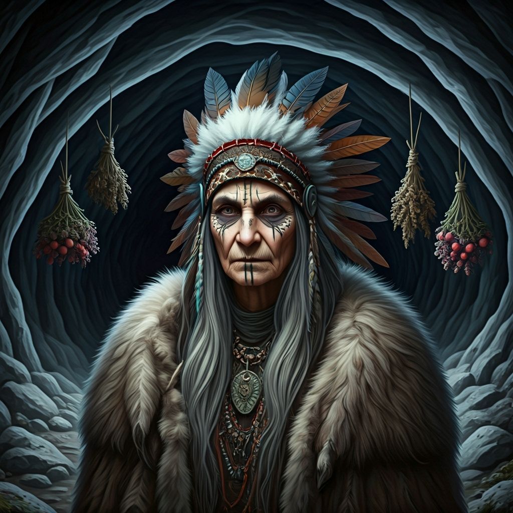 Mysterious Elder Woman at Mountain Cave Entrance