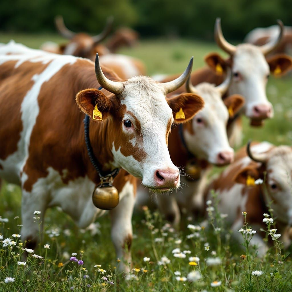 A small herd of Guernseys in summer pasturage