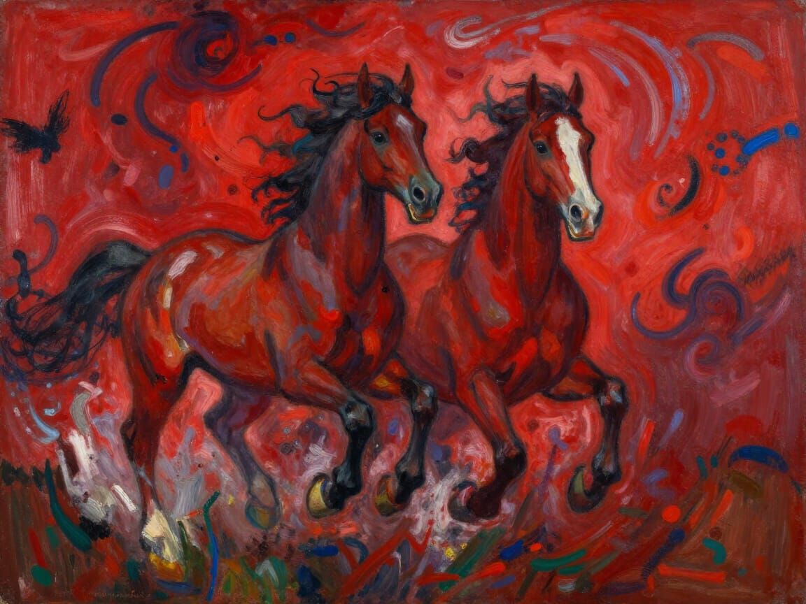 Horses Galloping Through Storm in Red Expressionism