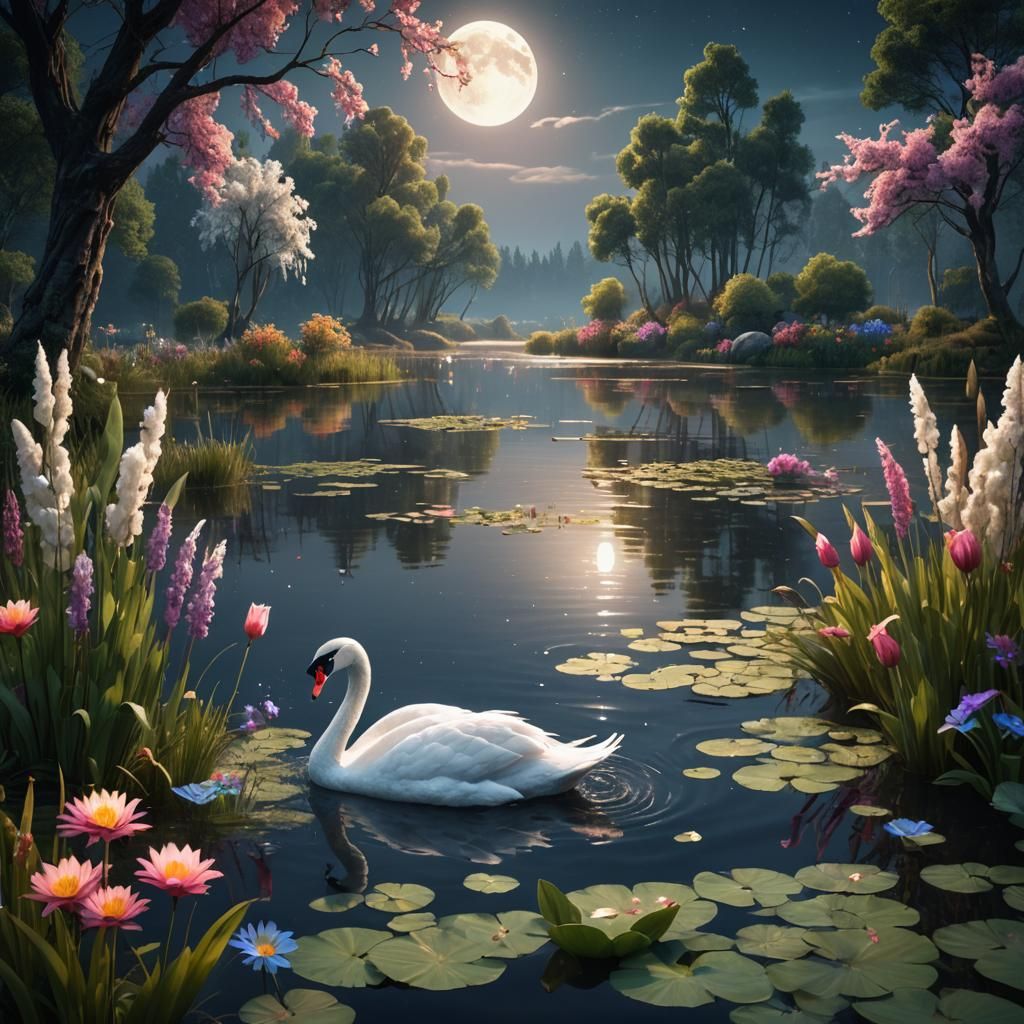 Moonlit Swan in Forest Lake: Fantasy Concept Art