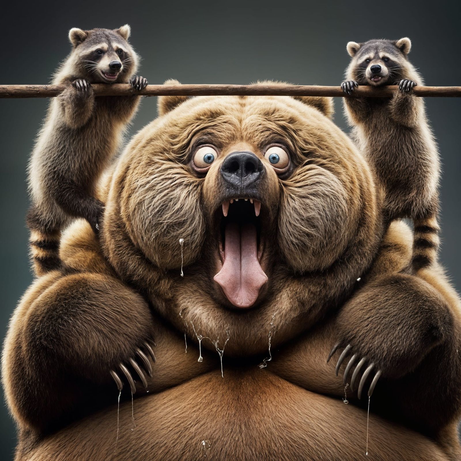 Overweight Grizzly Bear Lifting Raccoons