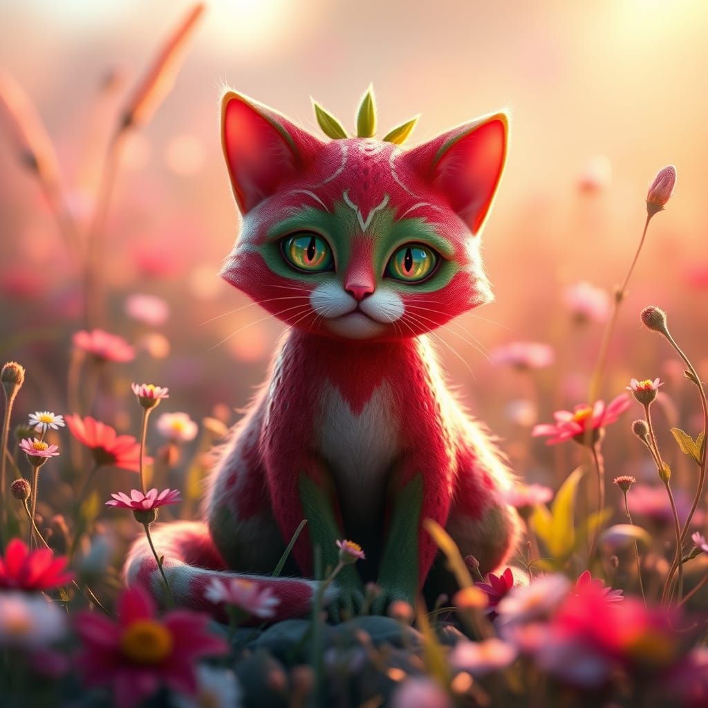 Enchanted Strawberry Feline in a Vibrant Meadow