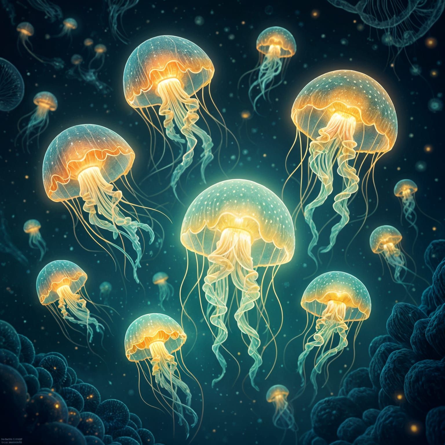Bioluminescent Jellyfish in a Neon Sea: Digital Art