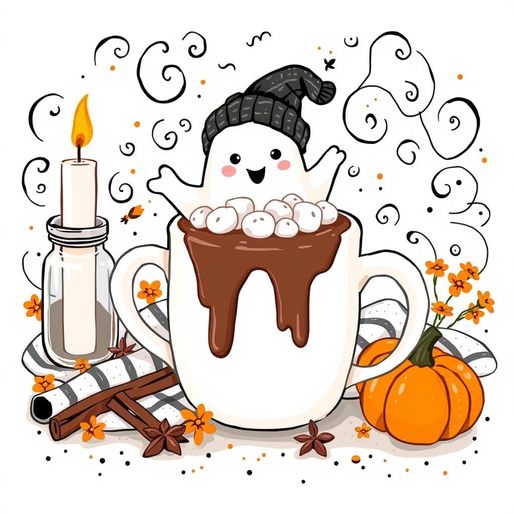 Whimsical Ghost in Hot Chocolate Autumn Scene