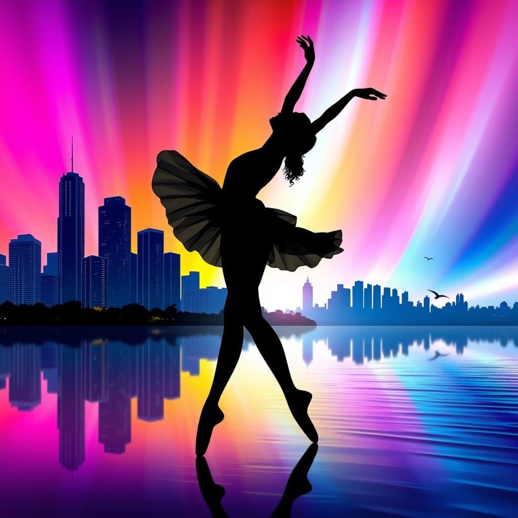 Ballerina Silhouette with Colorful Cityscape Background