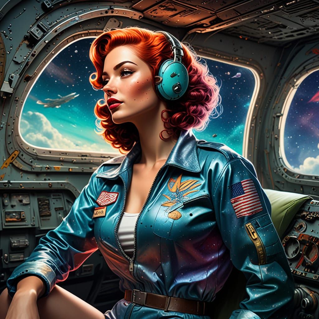 1940s Pin Up Girl On Bomber Plane Cosmic Art