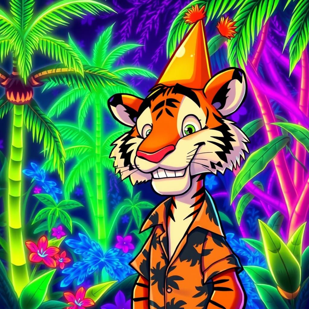 A cartoon tiger with exaggerated features and a goofy, toothy grin, wearing a bright orange party hat and a Hawaiian shi...
