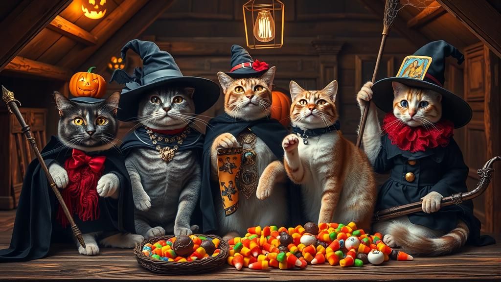 Cats' Halloween Portrait in Ornate Costumes