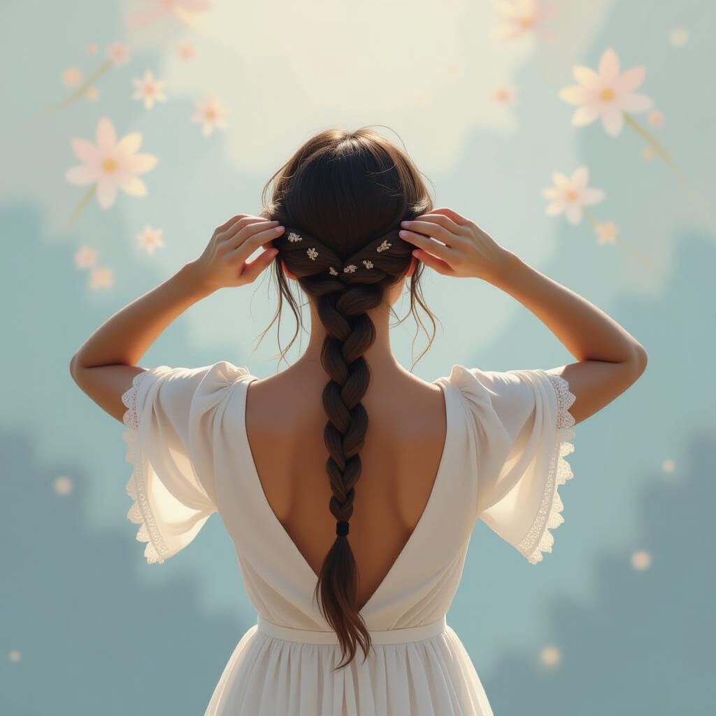 Woman Braiding Hair in Ethereal Airbrush Style