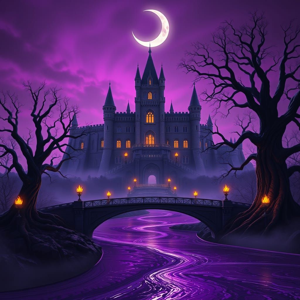 Mystical Castle Portrait in a Dreamlike, Purple-Hued Realm