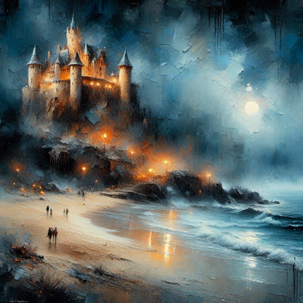 Midnight Sandcastle: Detailed Watercolor Stipple Painting