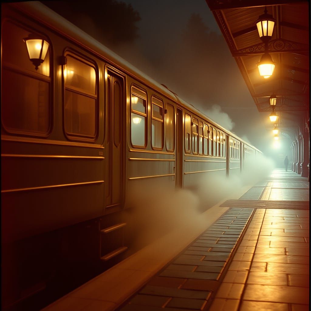 Moody Train at a Rainy Platform in Vintage Cinematic Style