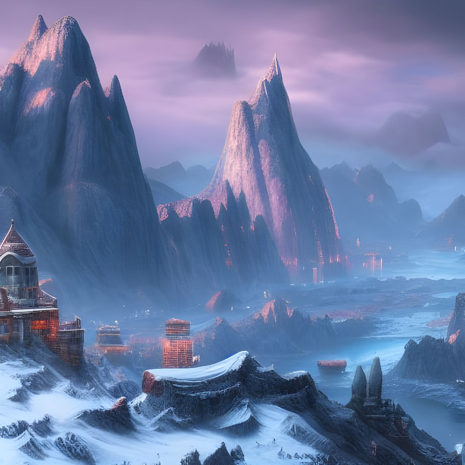 Snowy Peaks Cityscape in Detailed Matte Painting