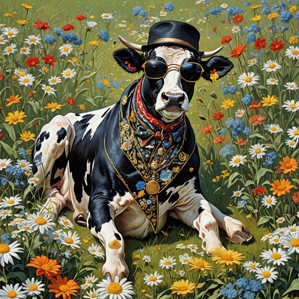 Cow in Daisies: Boucher-Inspired Whimsical Art