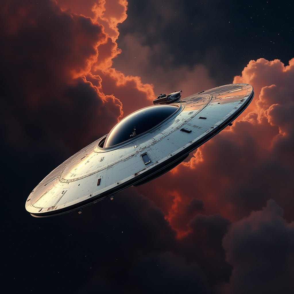Flying Saucer Soaring Through Space in Digital Art Style