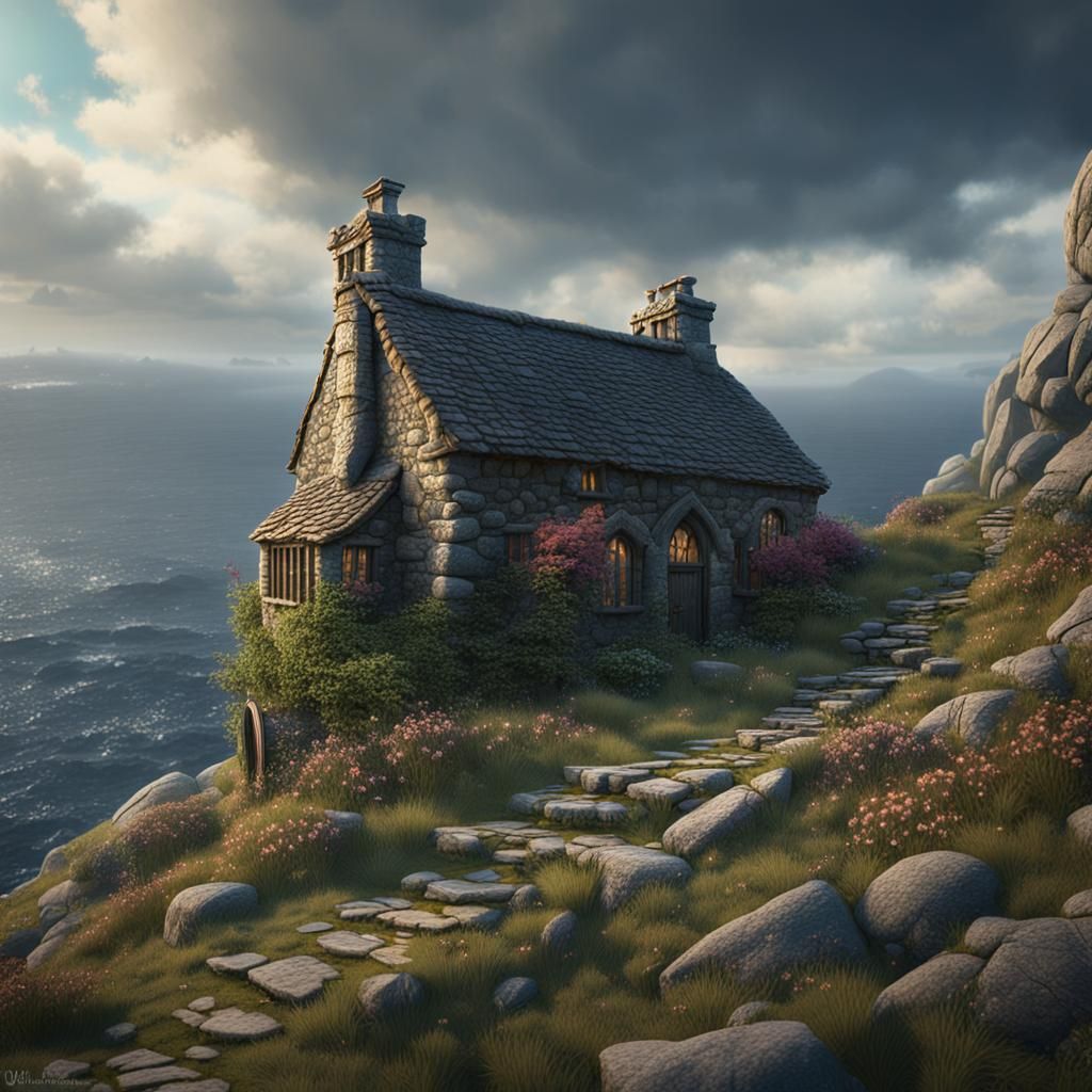 Stone Cottage on Rain-swept Hill: Detailed Matte Painting