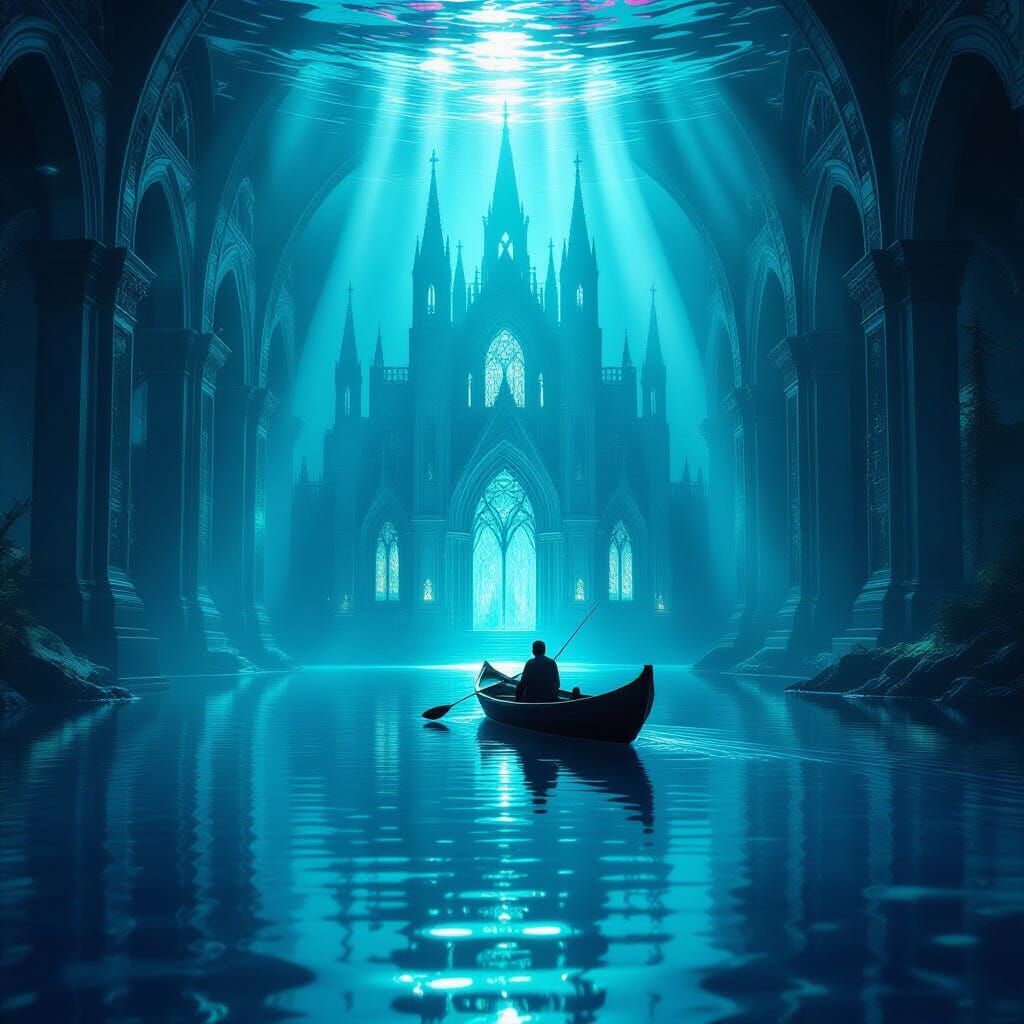 Submerged Cathedral Fantasy Art with Spectral Fisherman
